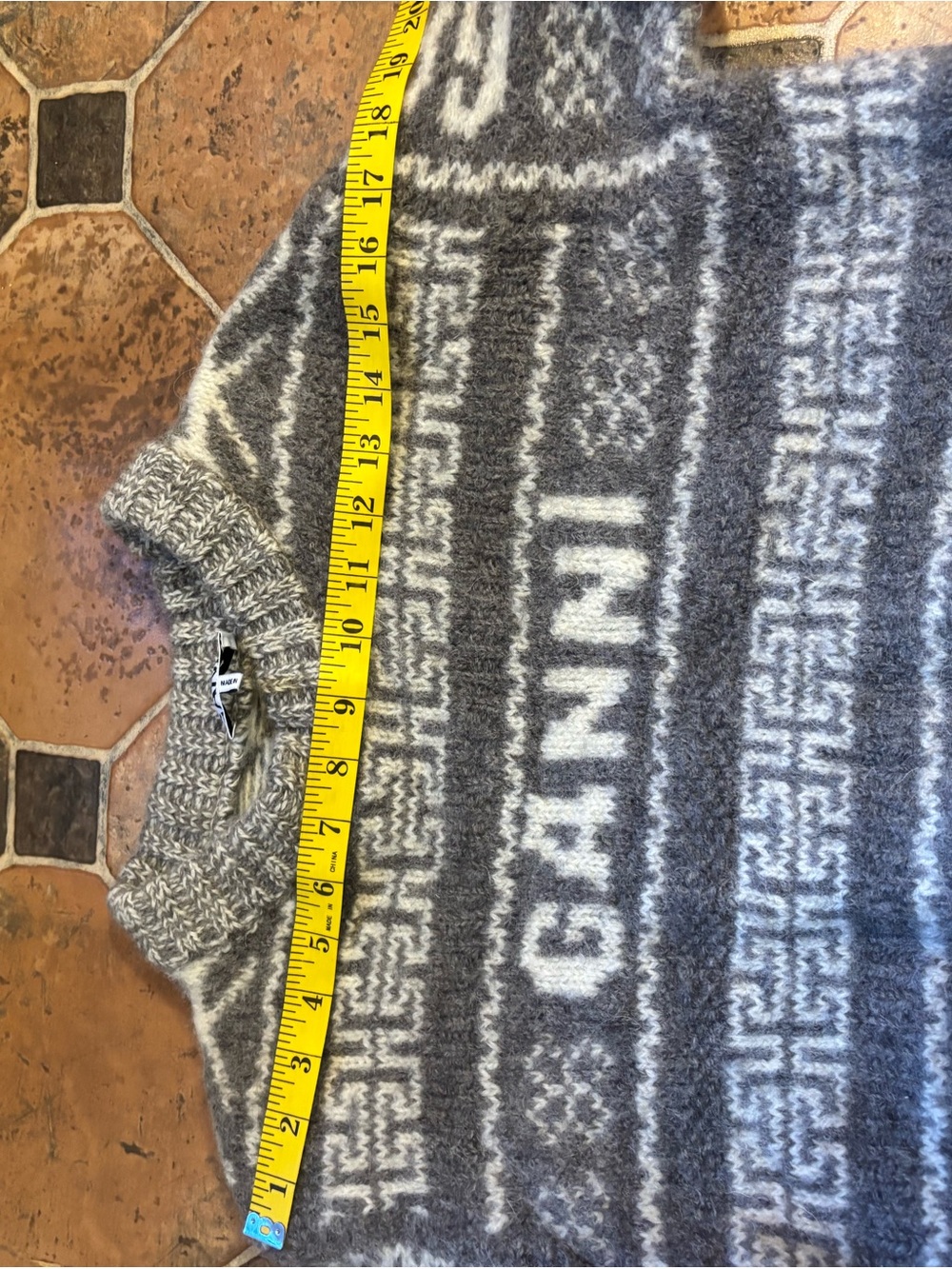 GANNI Grey Organic Wool Logo Knit Cropped Fair Isle Sweater S - Picture 14 of 16